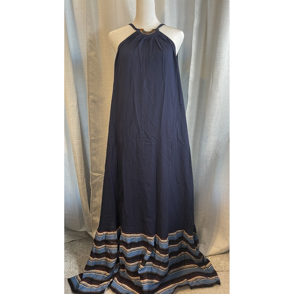 GiGiO Blue Striped Maxi Dress Halter Neck Side Slit Sundress Boho NWT S